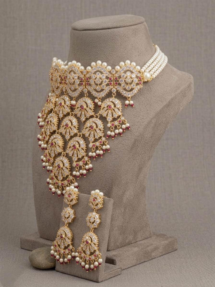 Kundan Choker Necklace Set, Multicolor Pearl Drops, Bridal Statement Jewelry