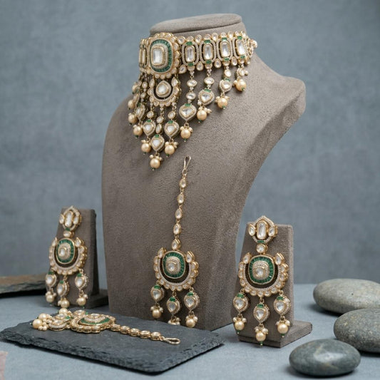 Green Kundan Bridal Choker Set with Maang Tikka, Polki Wedding Jewelry