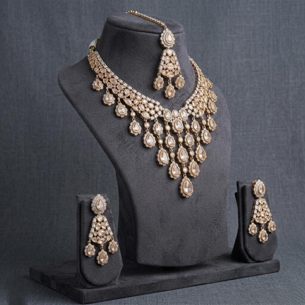 Champagne Polki Bridal Necklace Set with Maang Tikka, Kundan Wedding Jewelry