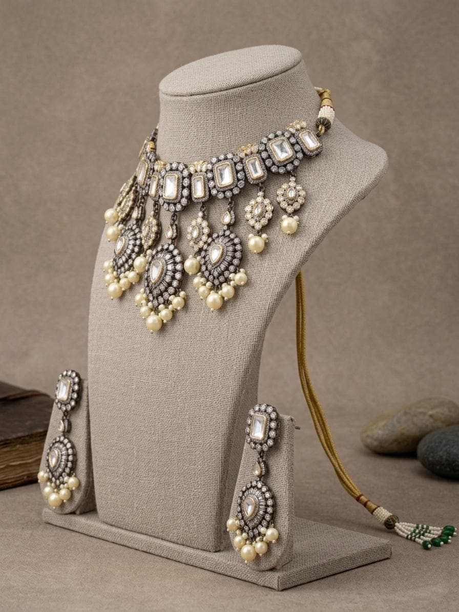 Victorian Oxidized Kundan Choker Necklace Set, Pearl Bridal Jewelry