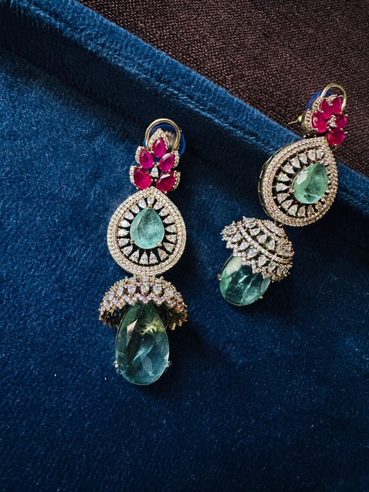 Emerald Ruby CZ Jhumka Earrings | Victorian Statement Bridal Drop Jewelry