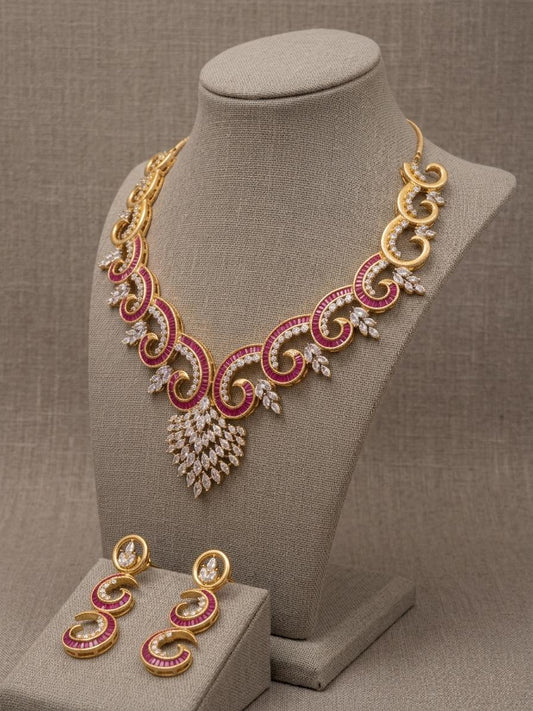 CZ Statement Necklace Set | Spiral Design Bridal Jewelry, Party Wear Earrings
