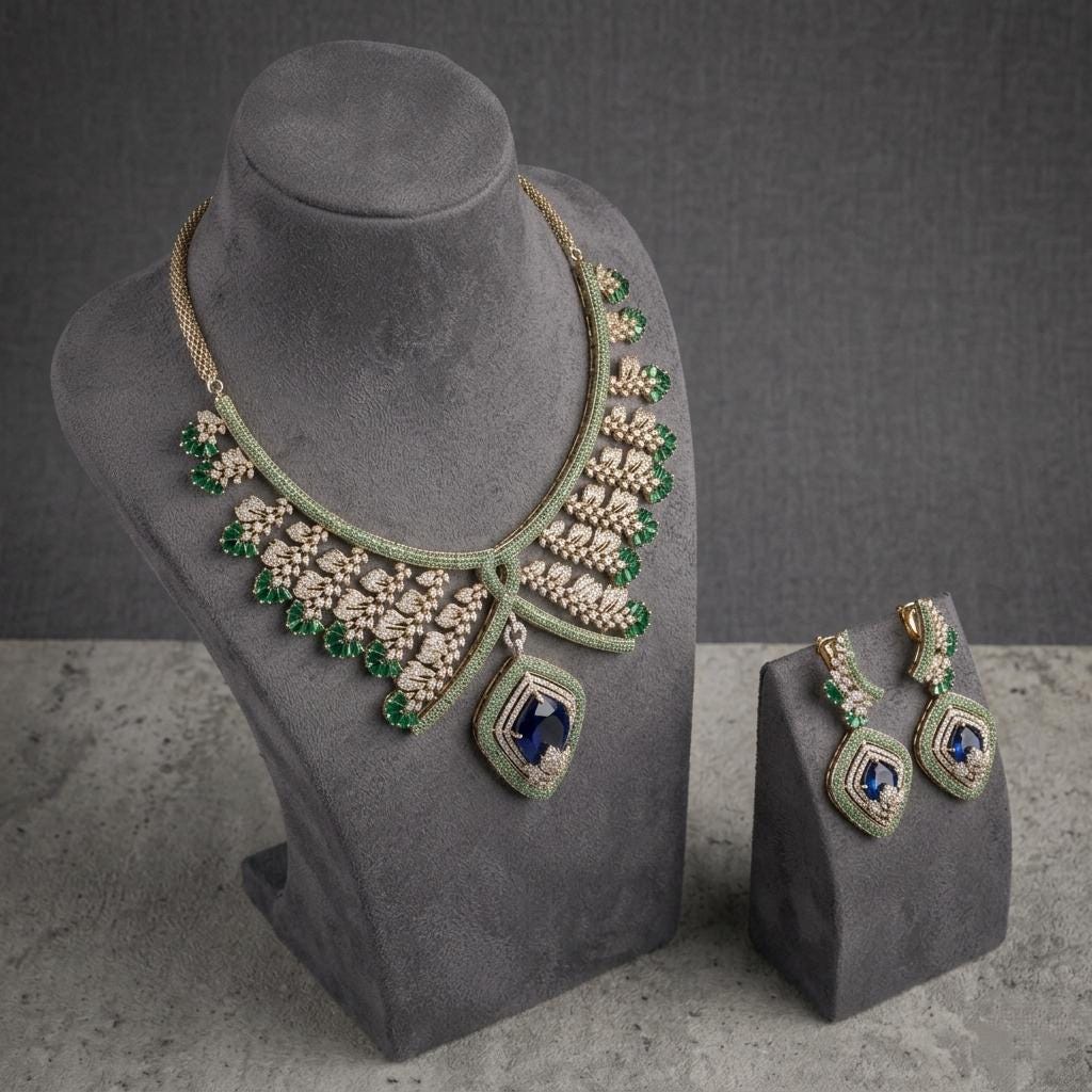 Designer CZ Statement Necklace Set | Bridal Pendant Earrings | Elegant Wedding Party Wear