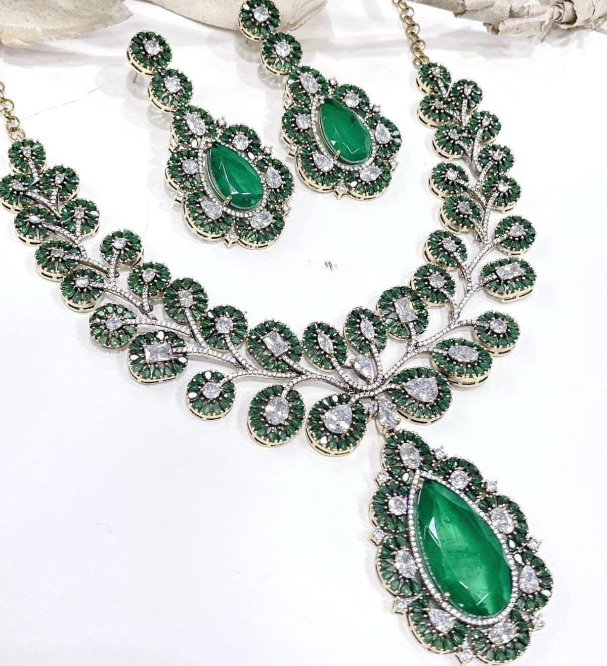 Statement Necklace and Earrings Set | Emerald CZ Bridal Jewelry | Elegant Party Wear