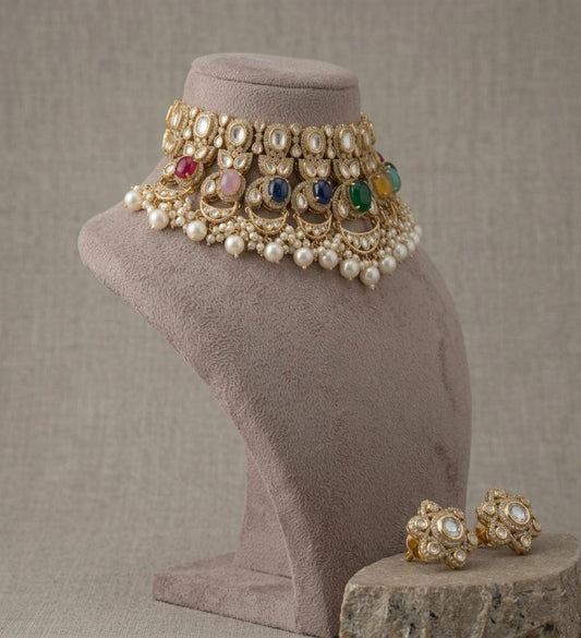 Kundan Style Bridal Choker Set | Gold-Tone, Pearl Drops, Floral Earrings