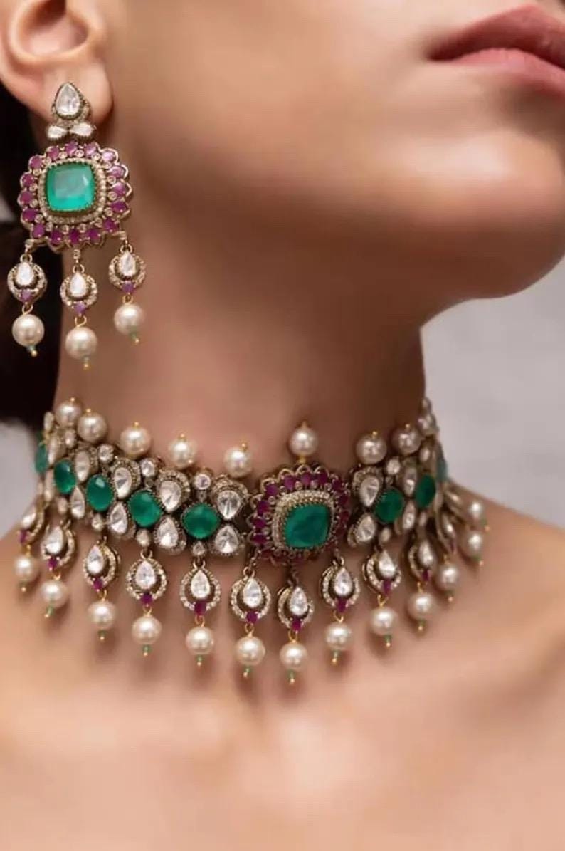 Kundan Choker Necklace Set with Earrings | Designer Bridal Pearl Drop Jewelry