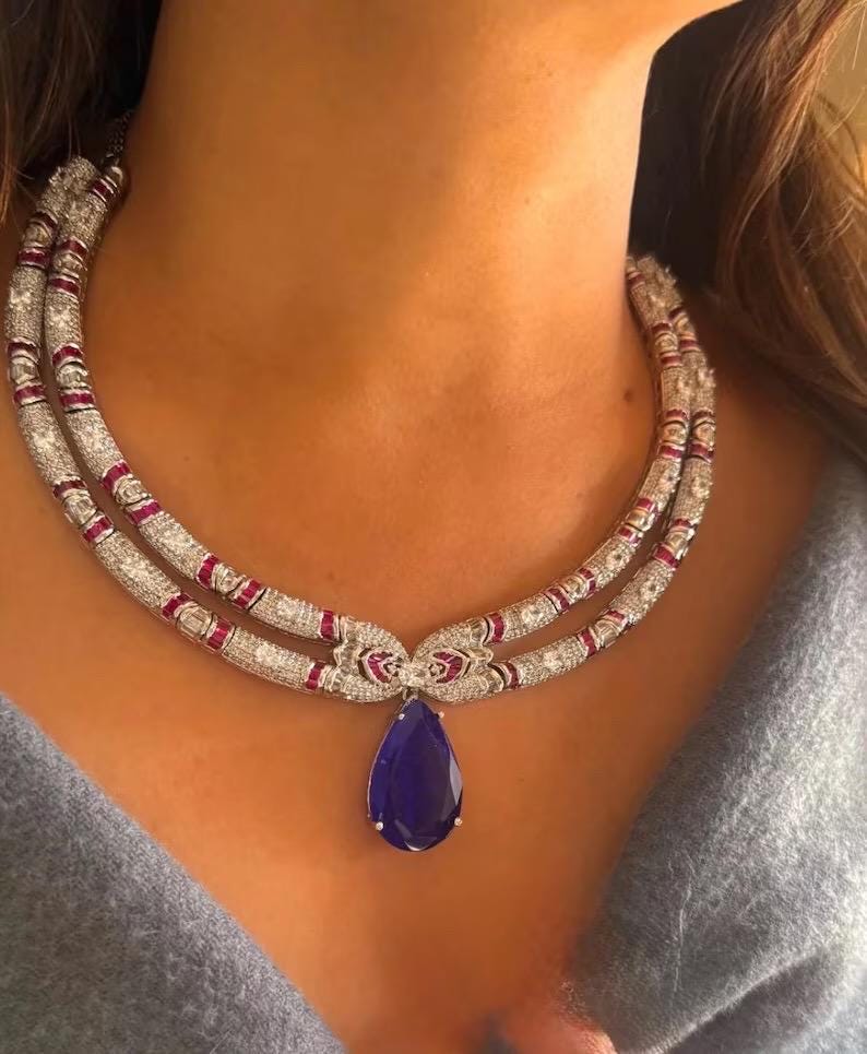 Sapphire Teardrop Necklace Earrings Set | CZ Bridal Wedding Jewelry