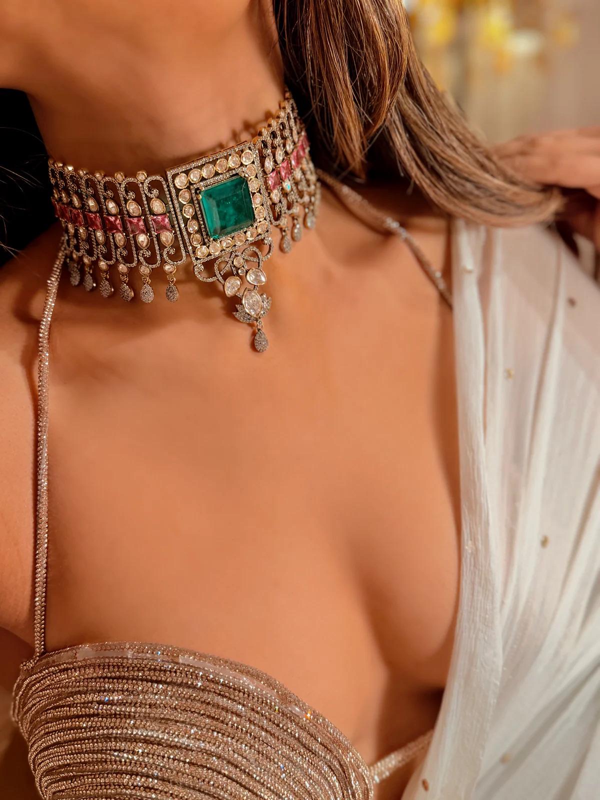 Kundan Choker Necklace Set | Emerald Ruby Bridal Wedding Jewelry