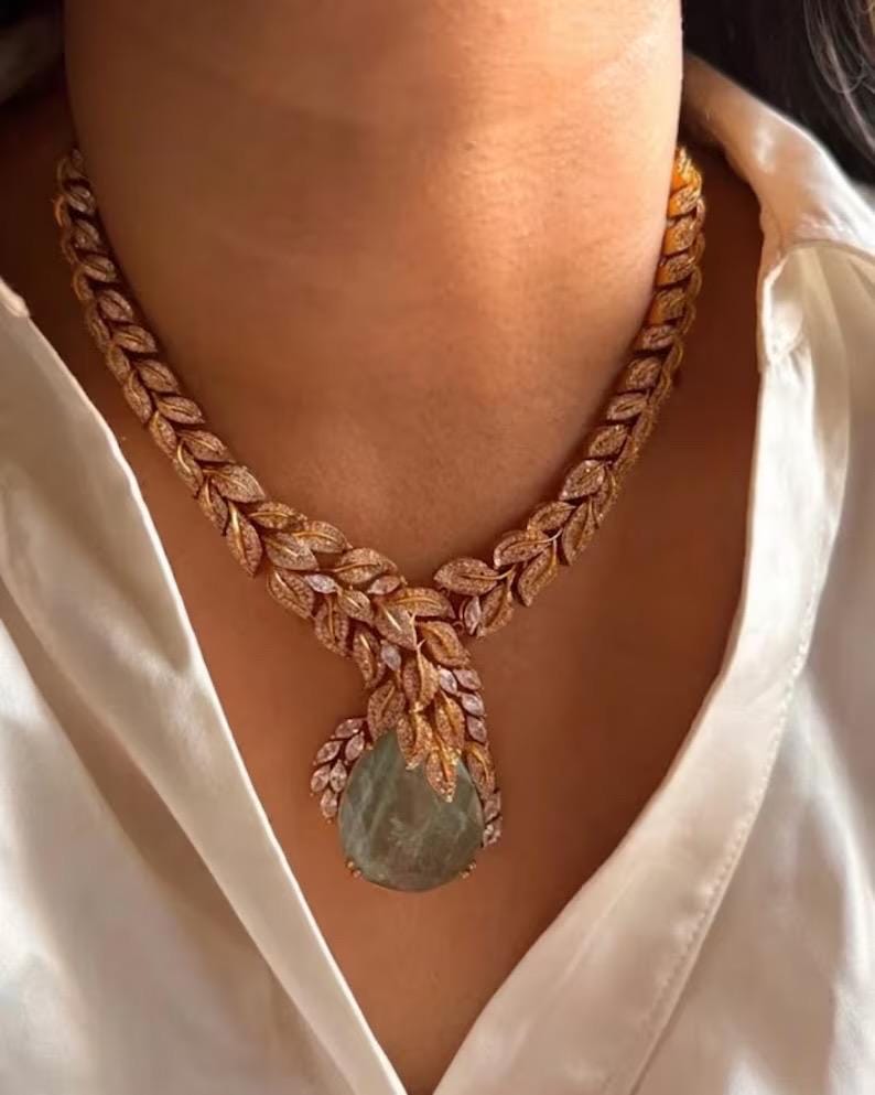 Designer Leaf Necklace Set with Aqua Drop Earrings | Bridal Statement Jewelry