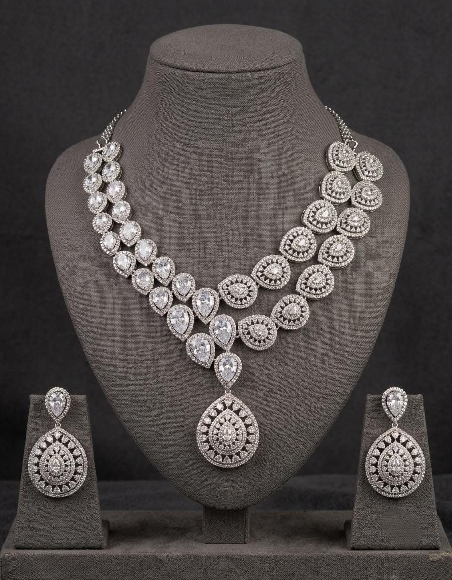 American Diamond Bridal Necklace Set | CZ Teardrop Earrings, Wedding Jewelry