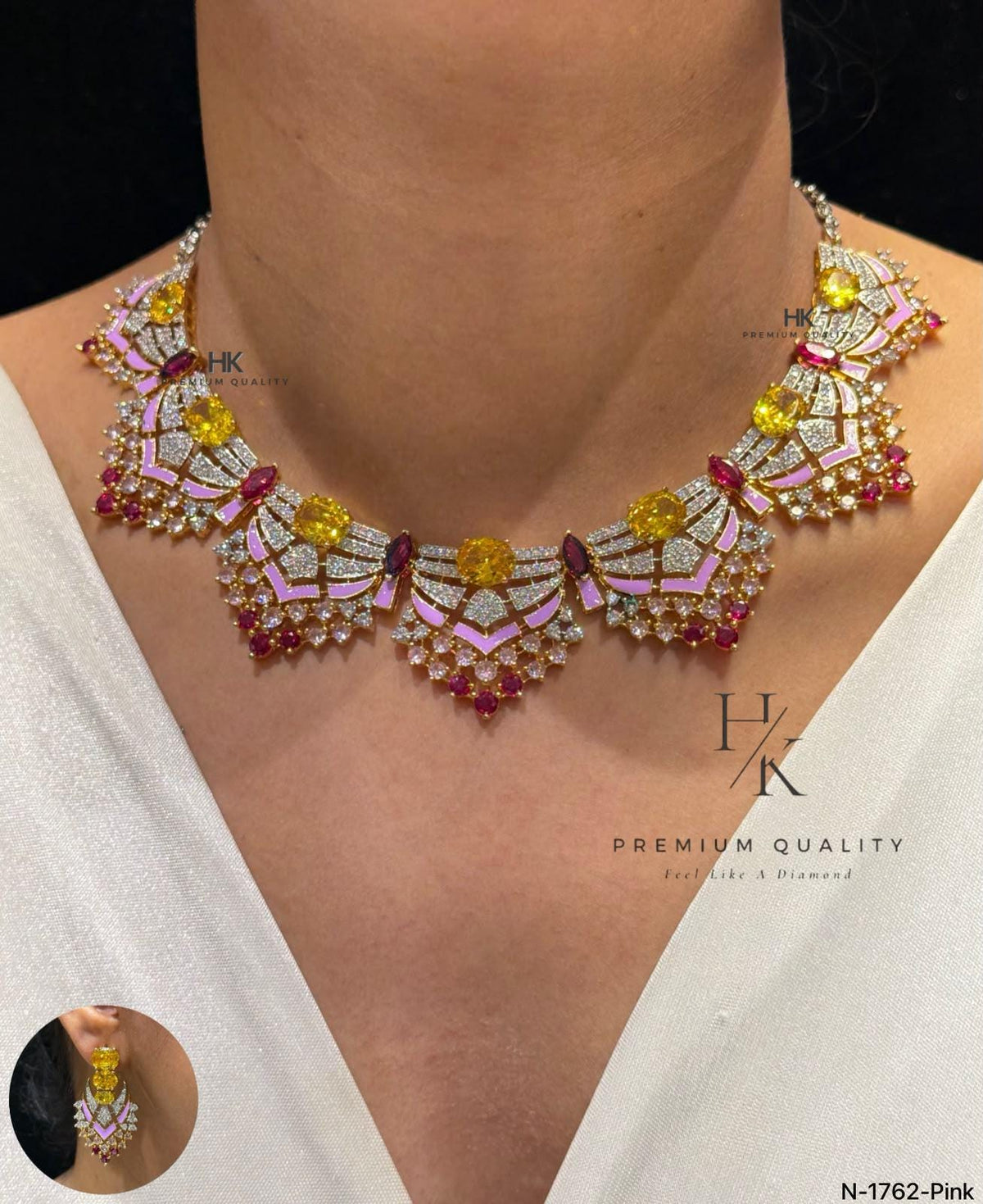Designer CZ Statement Necklace Set with Matching Earrings | Art Deco Bridal Jewelry