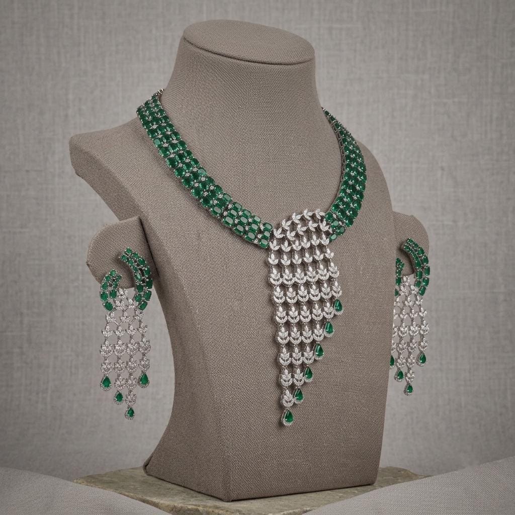 Designer CZ Statement Necklace Set | Matching Tassel Earrings, Bridal Wedding Jewelry