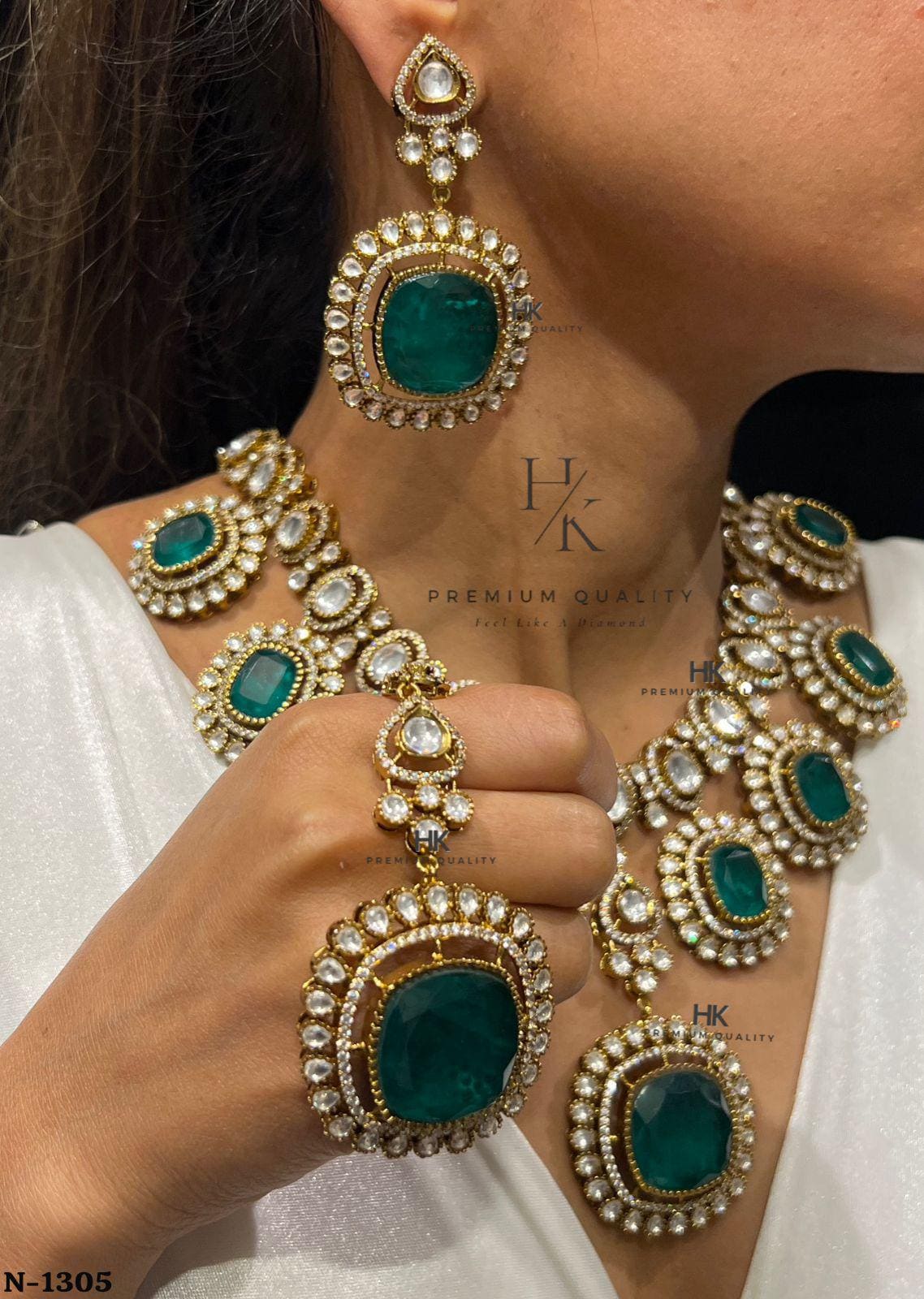 Kundan Polki Necklace Set with Statement Pendant, Matching Earrings | Bridal Indian Jewelry