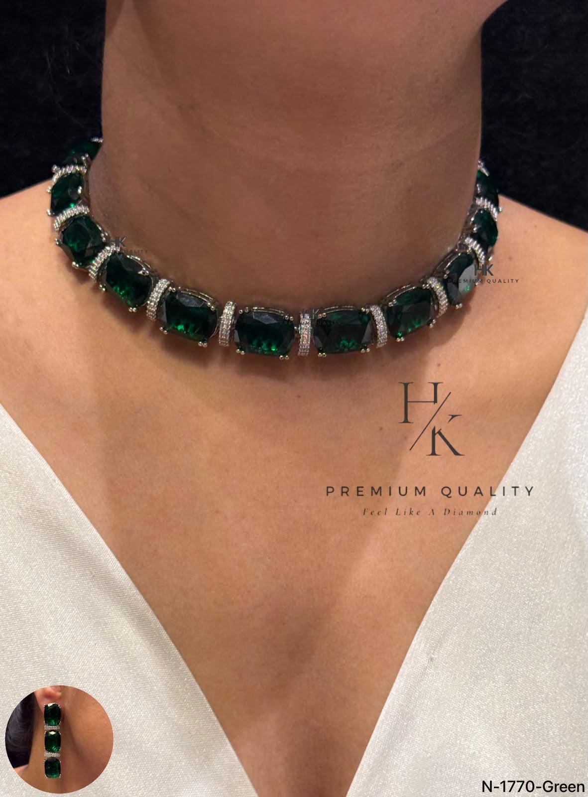Emerald Green Cushion Cut Necklace Set, Bridal Statement Jewelry, CZ Diamond Detail