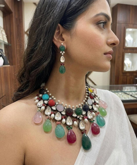 Assorted Carved Stone Kundan Choker Set | Heavy Bridal Polki Statement Necklace & Maang Tikka