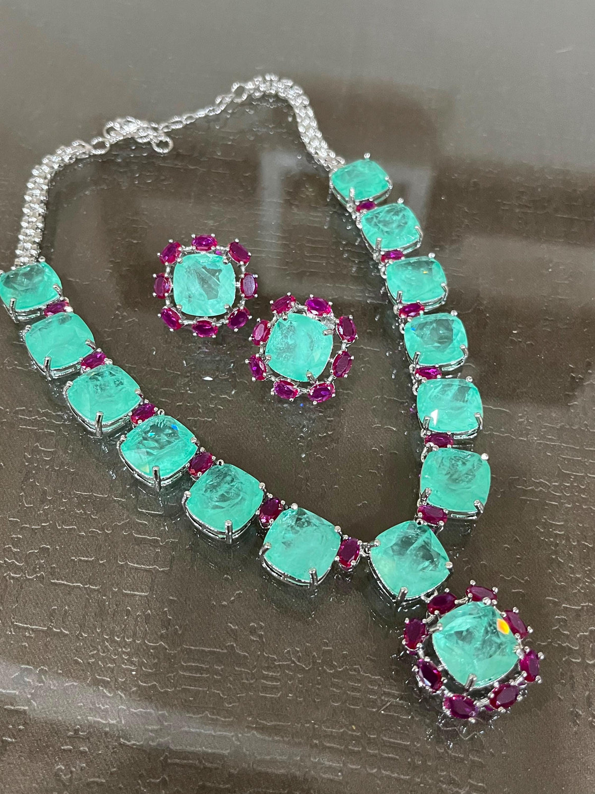 Cushion Cut CZ Necklace Set, Bridal Statement Jewelry, Crystal Wedding Earrings