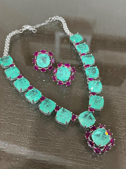 Cushion Cut CZ Necklace Set, Bridal Statement Jewelry, Crystal Wedding Earrings