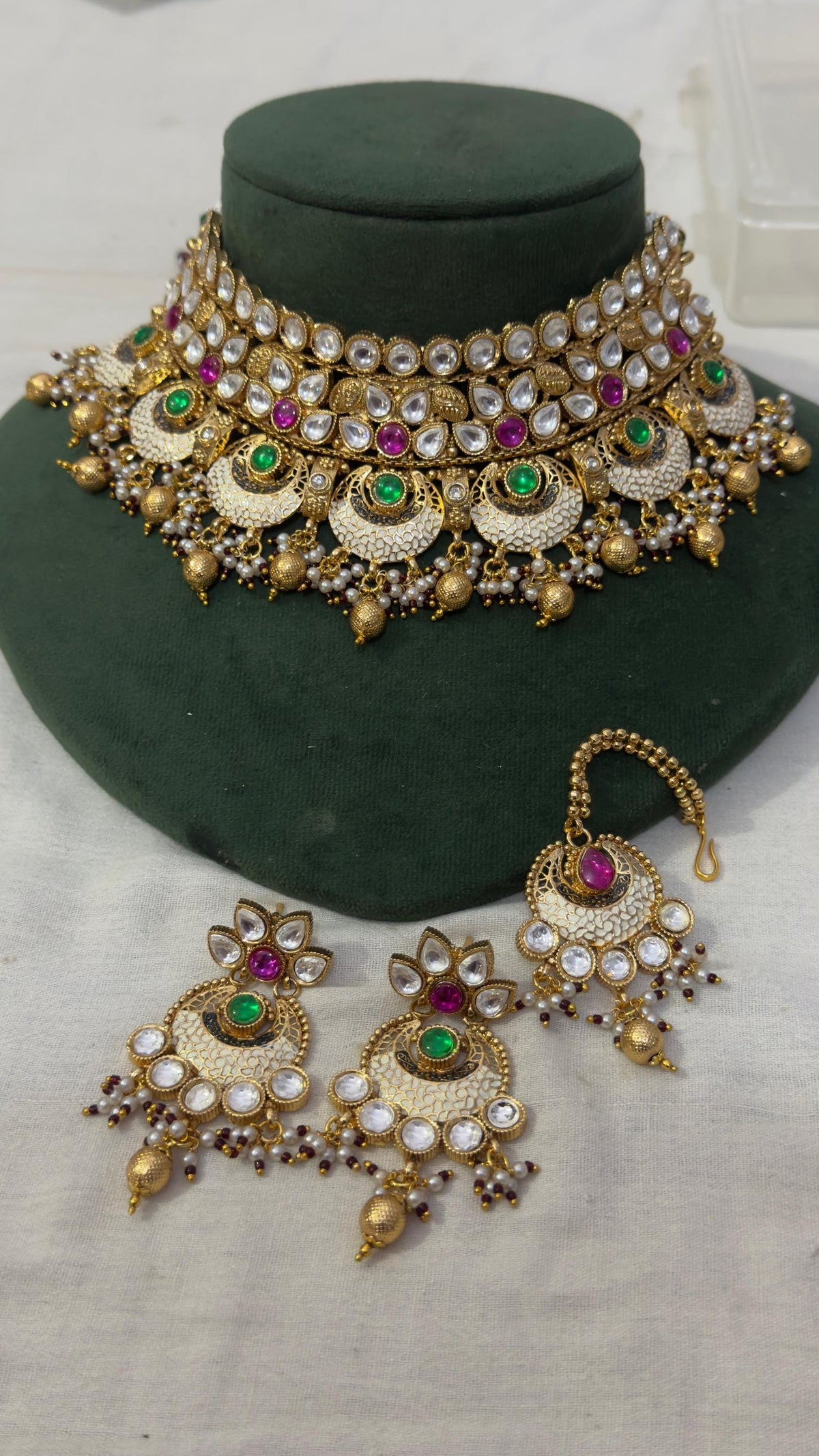 Bridal Kundan Choker Necklace Set, Indian Polki Wedding Jewelry, Pearl Drop Statement Set