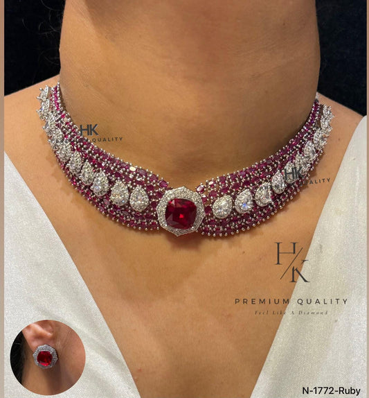 Statement Bridal Choker Necklace Set, CZ Stone Wedding Jewelry, Indian Necklace Earrings