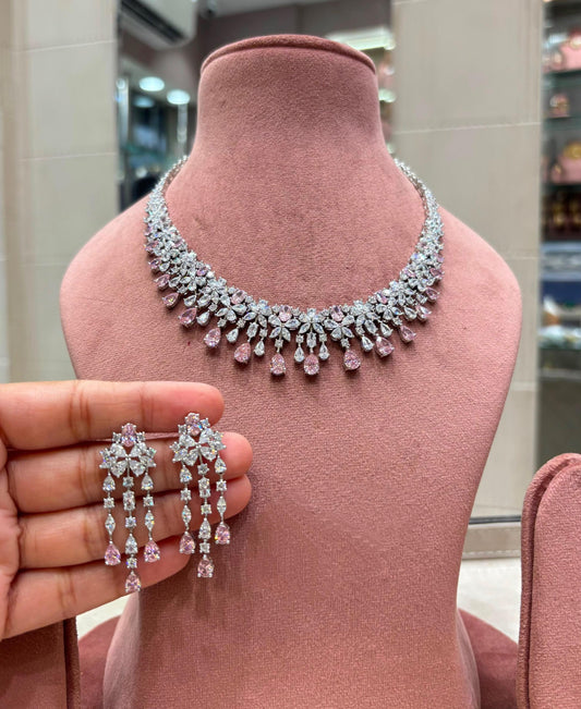Floral Drop CZ Necklace Set, Matching Long Earrings, Bridal Statement Jewelry