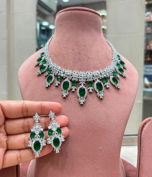CZ Bridal Necklace Set with Matching Earrings, Floral Statement Wedding Jewelry