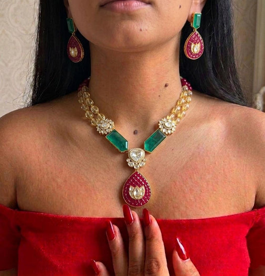 Kundan Pendant Necklace Earrings Set, Traditional Indian Bridal Wedding Jewelry Gift