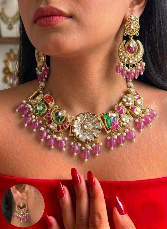 Kundan Choker Necklace Set, Indian Bridal Jewelry, Traditional Wedding Statement Earrings