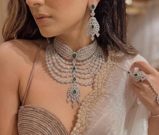 American Diamond Bridal Jewelry Set: Necklace, Earrings & Maangtikka