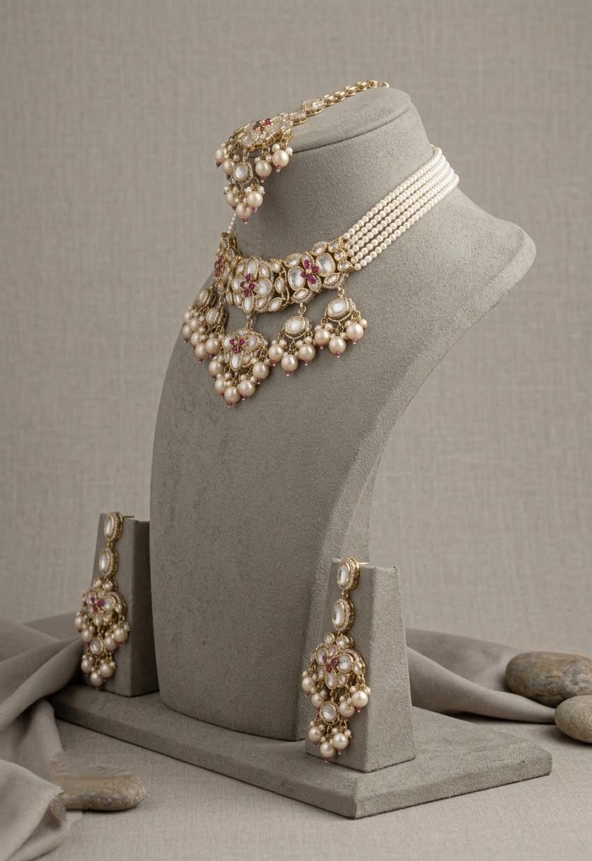 Kundan Bridal Necklace Set with Maang Tikka & Earrings, Indian Wedding Jewelry