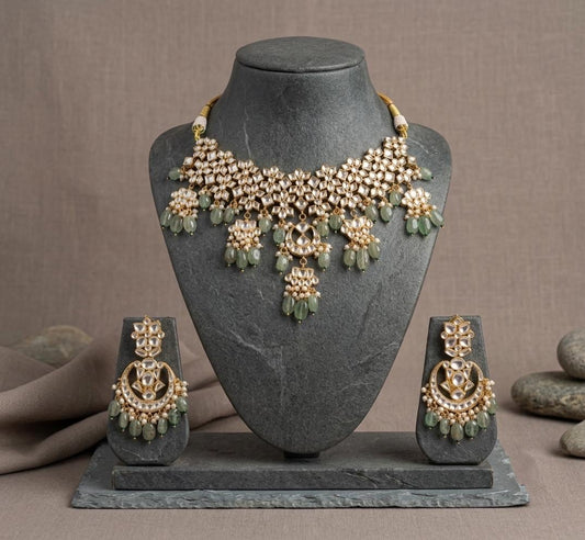 Kundan Necklace Earring Set, Indian Bridal Jewelry, Floral Motif Statement Ethnic Set