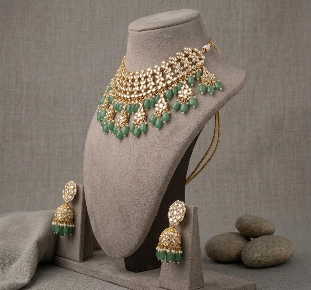 Kundan Necklace Earrings Set, Green Stone Bridal Jewelry, Floral Statement Choker