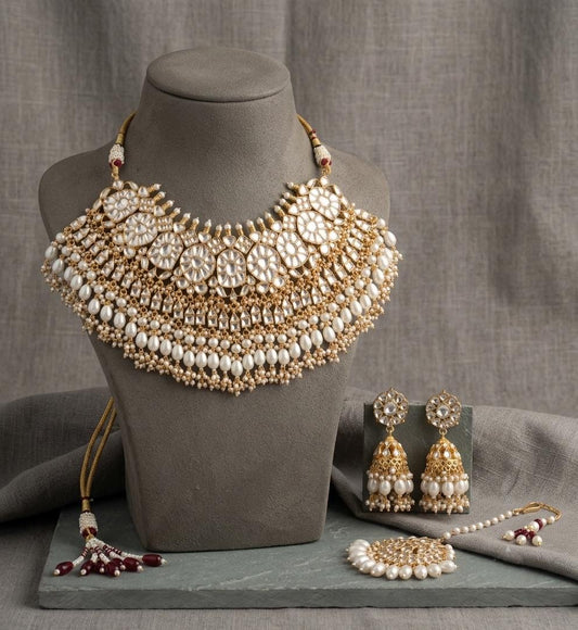 Kundan Bridal Necklace Set with Maang Tikka & Earrings, Pearl Indian Wedding Jewelry