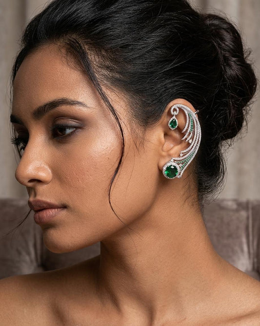 Emerald CZ American Diamond Ear Cuff | Indian Bridal Statement Jewelry