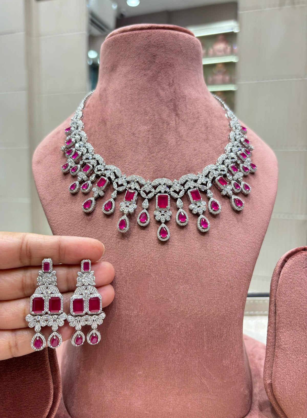 American Diamond CZ Bridal Necklace Set | Pink Green Teardrop Choker Earrings