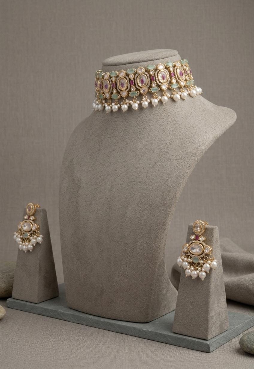 Kundan Choker Necklace Set with Earrings, Indian Bridal Jewelry, Pearl Drops