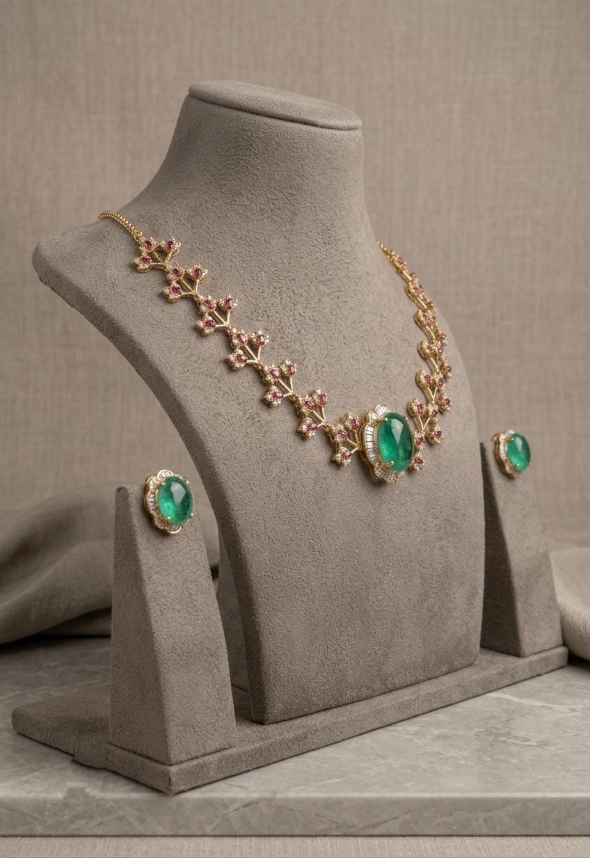Emerald Floral Statement Necklace Set, Indian Bridal Jewelry, Wedding Gift