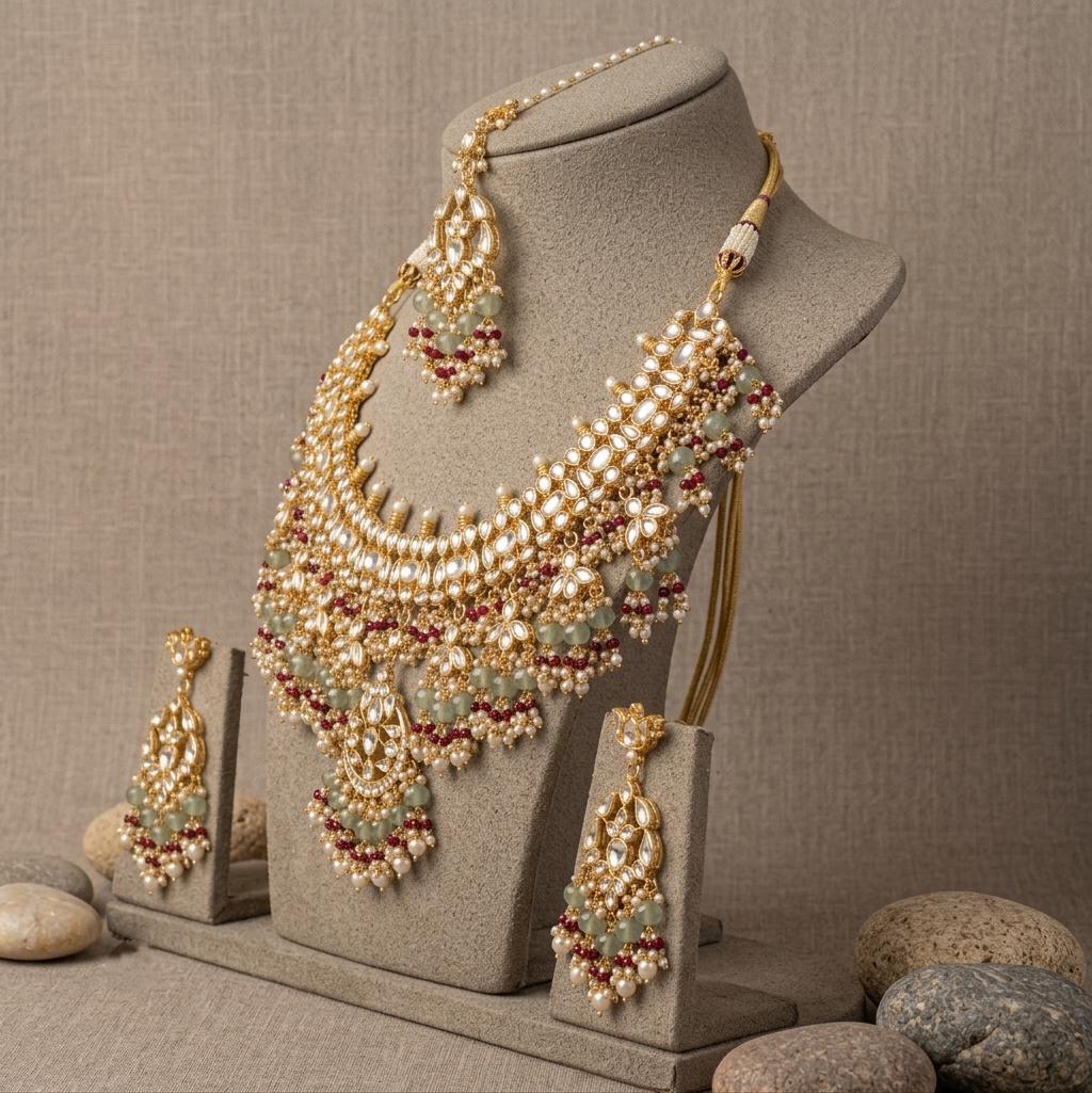 Kundan Bridal Necklace Set, Indian Wedding Jewelry, Floral Maang Tikka, Statement Earrings