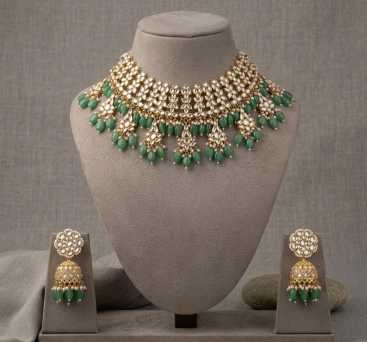 Kundan Necklace Earrings Set, Green Stone Bridal Jewelry, Floral Statement Choker