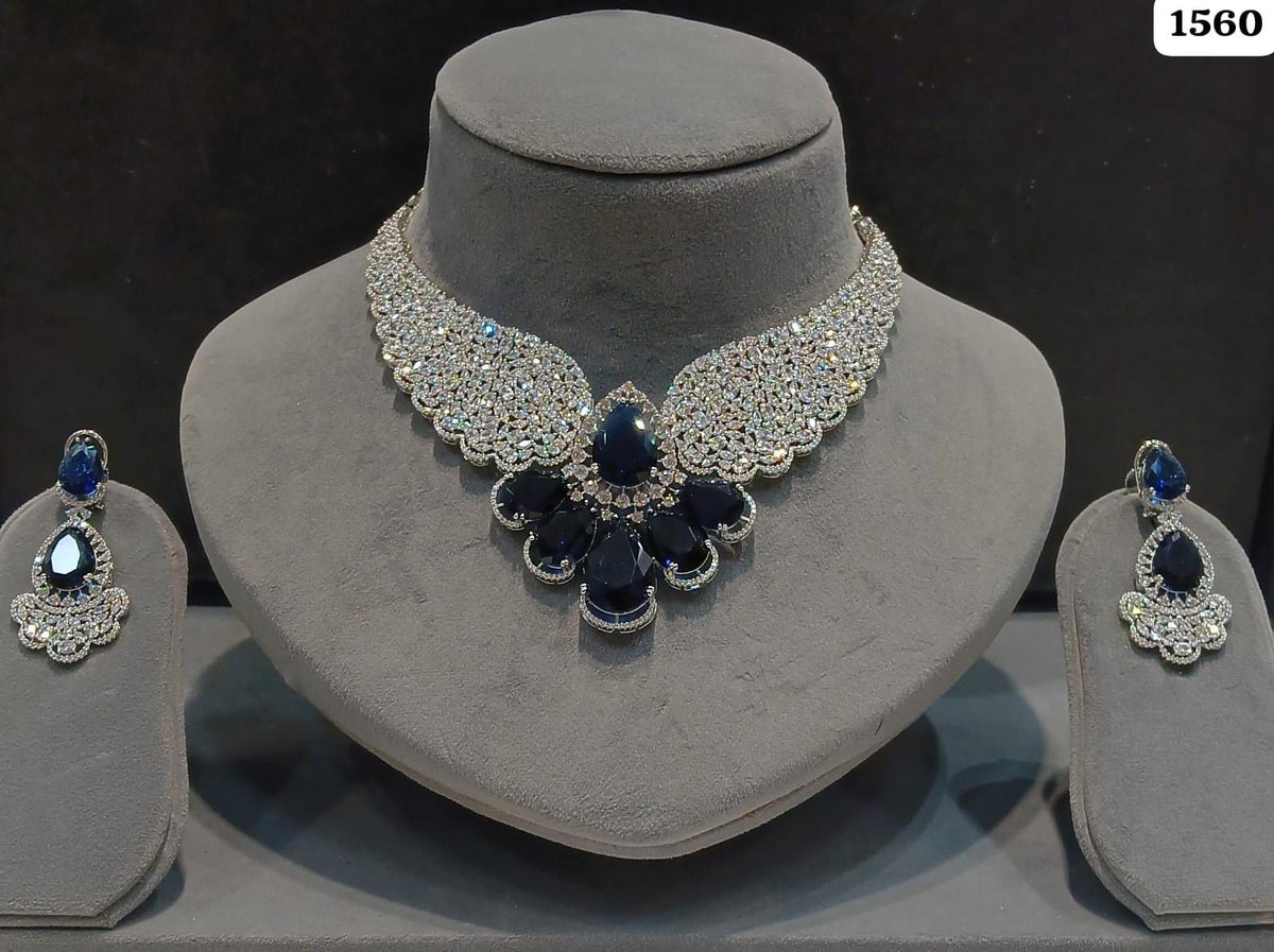 American Diamond Necklace Set with Earrings | Indian Bridal Jewelry, Green Teardrop Stones