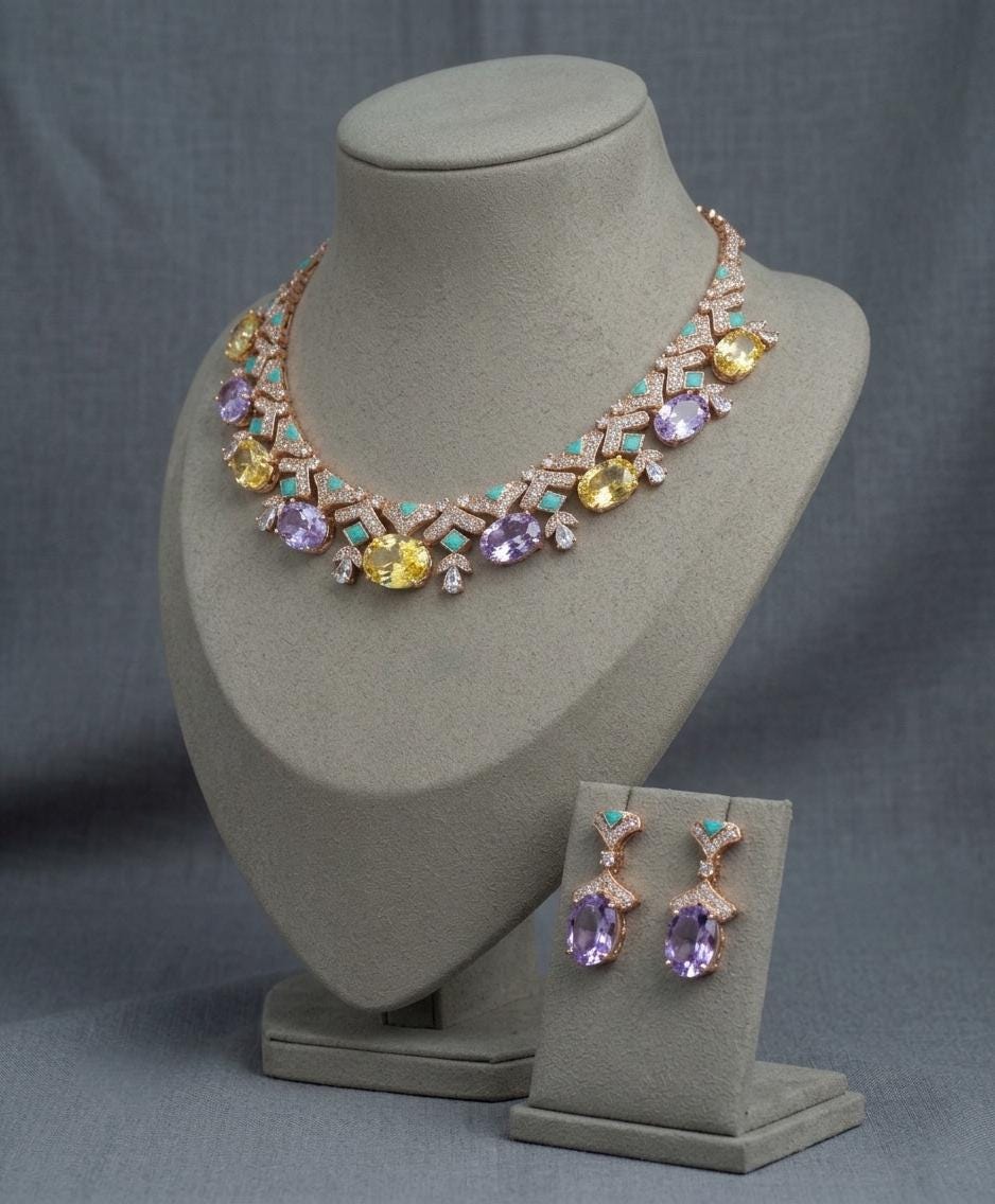 Multicolor CZ Bridal Necklace Set | Statement Choker & Earrings (Indian Wedding)