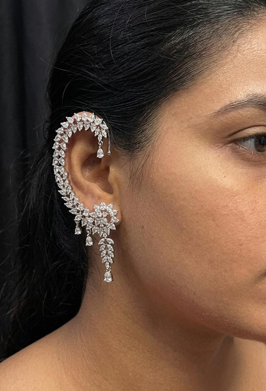 American Diamond Ear Cuff | CZ Bridal Statement Earrings | Floral Drop Design