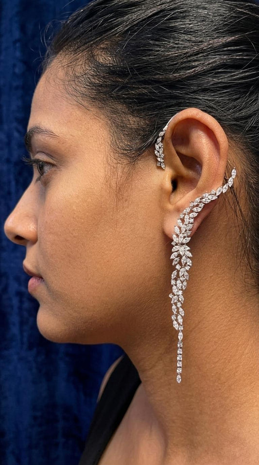 American Diamond Ear Cuff Earrings | CZ Floral Drop, Bridal Party Jewelry