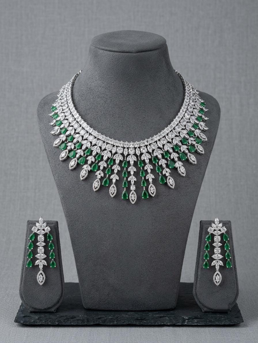 American Diamond CZ Bridal Necklace Set | Indian Wedding Jewelry (Clear/Green)