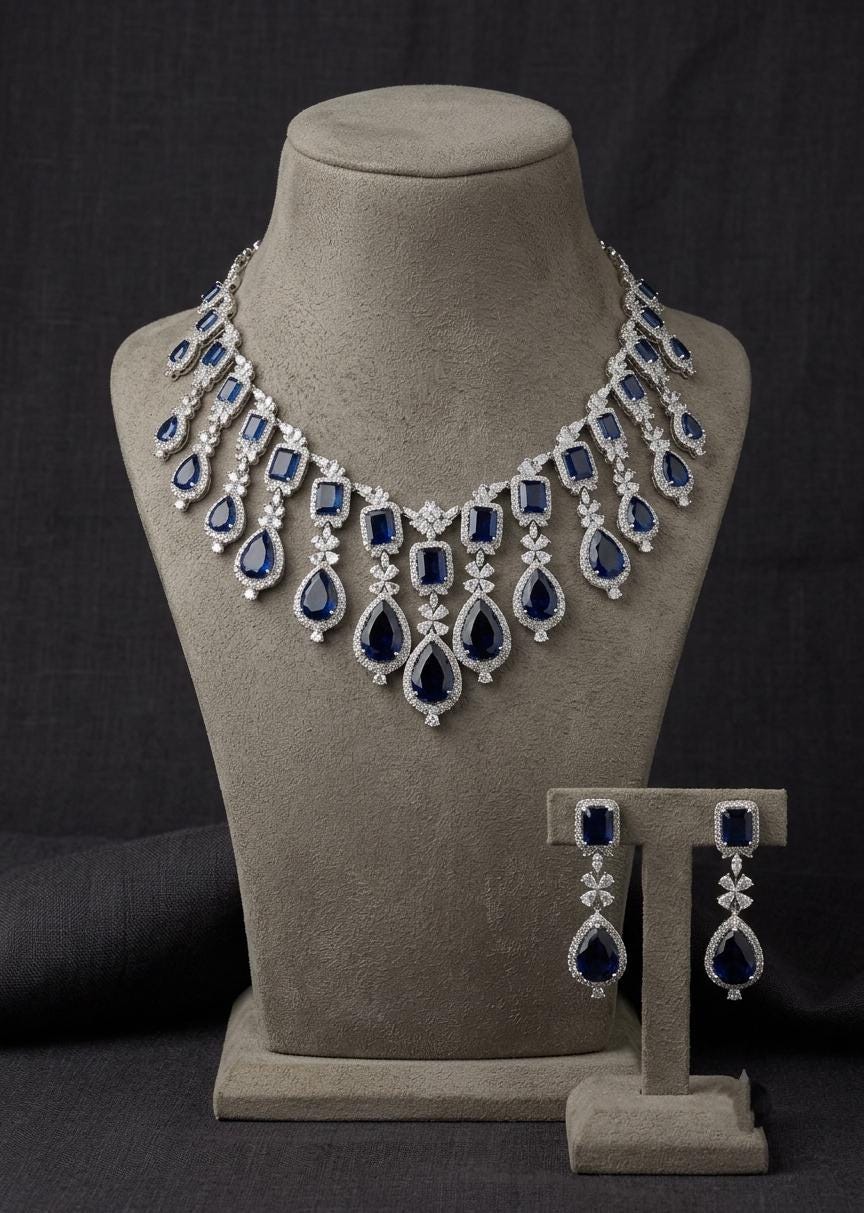Indian Bridal Necklace Set, American Diamond CZ Choker, Matching Earrings (Ruby Red)