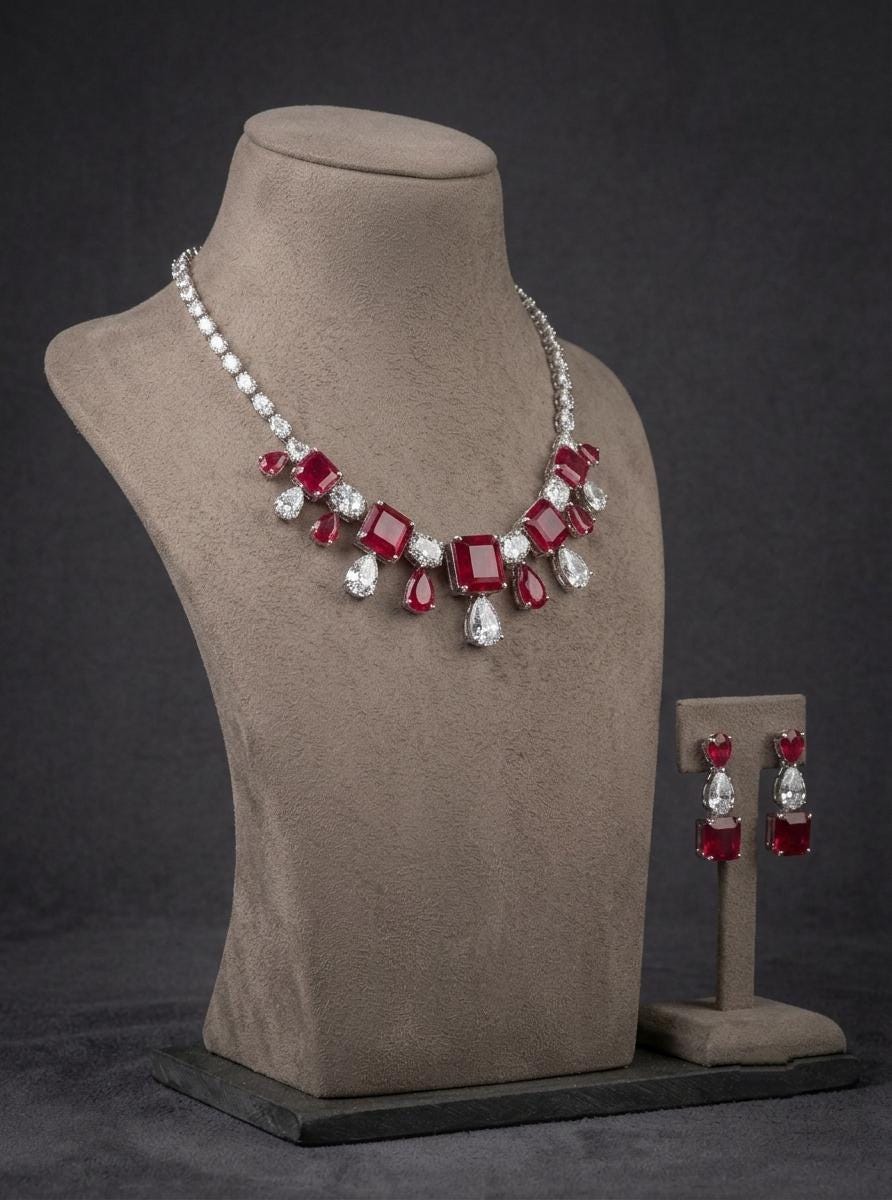 Pink Red Crystal Necklace Set | Indian Wedding Jewelry, Bridal Statement (Set Includes Earrings)