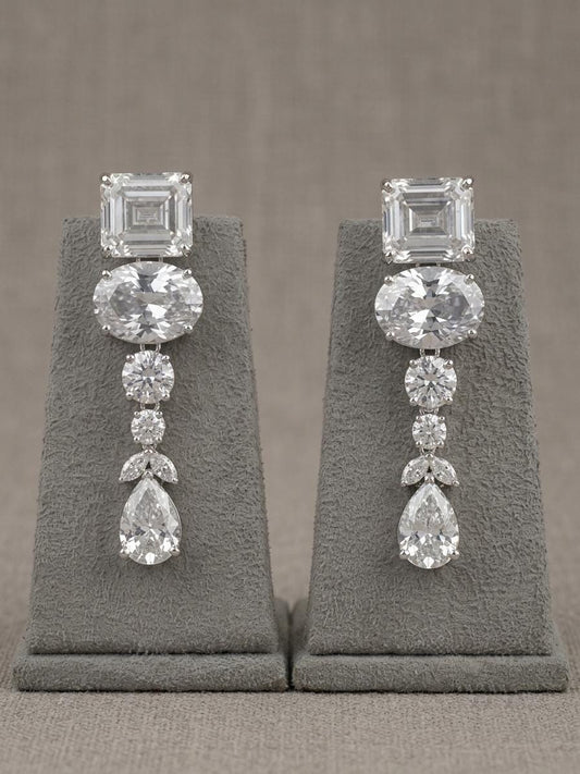American Diamond Long Necklace Set, Indian Bridal Jewelry, CZ Statement Earrings
