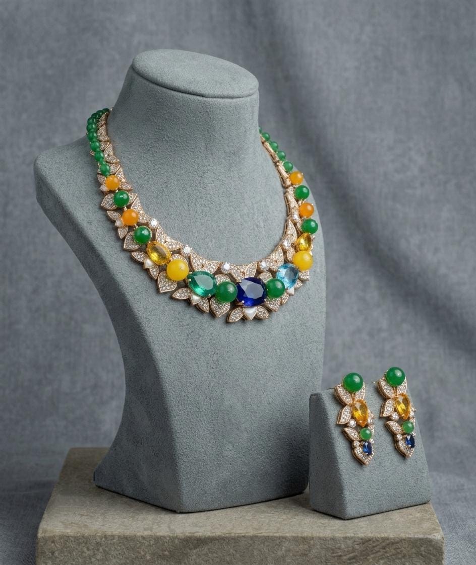 Multicolor CZ Necklace & Earrings Set | Indian Wedding Jewelry, Statement Party Wear