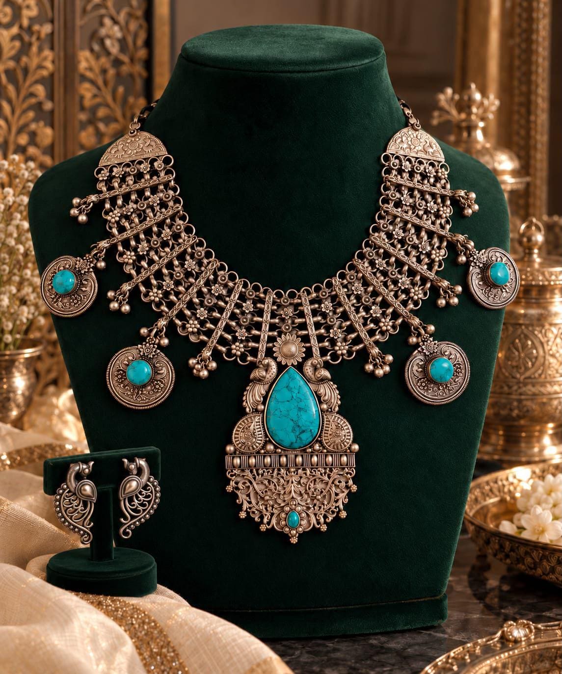 Oxidized Silver Indian Necklace Set | Turquoise Statement Choker with Earrings | Tribal Boho Jewelry