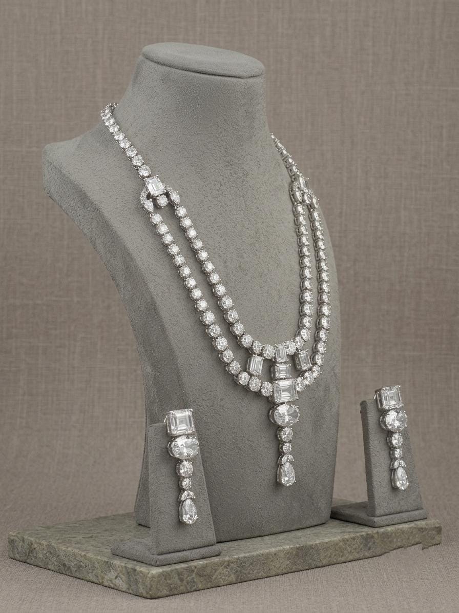 American Diamond Long Necklace Set, Indian Bridal Jewelry, CZ Statement Earrings