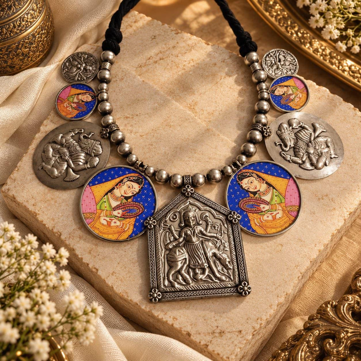 Indian Temple Goddess Necklace | Oxidized Silver, Enamel Accents, Statement Jewelry